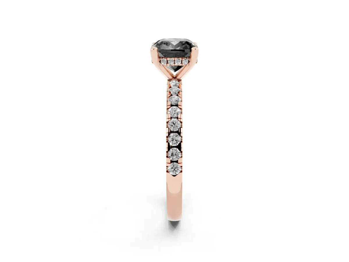 Fancy Black Cushion Cut Diamond Solitaire Ring with Round Pavé Band and Four-Prong Setting Rose gold