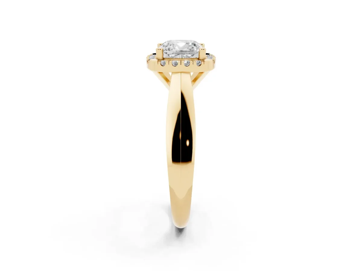 Cushion Cut Cut Halo Solitaire Engagement Ring with Square Band and Four-Prong Setting Yellow gold
