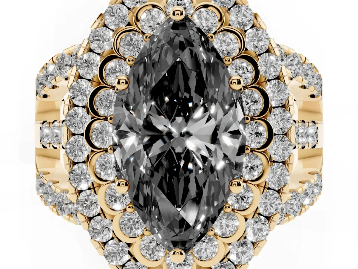Fancy Black Marquise Cut Diamond Double Halo Ring with Round Pavé Split Shank and Prong Setting Yellow gold