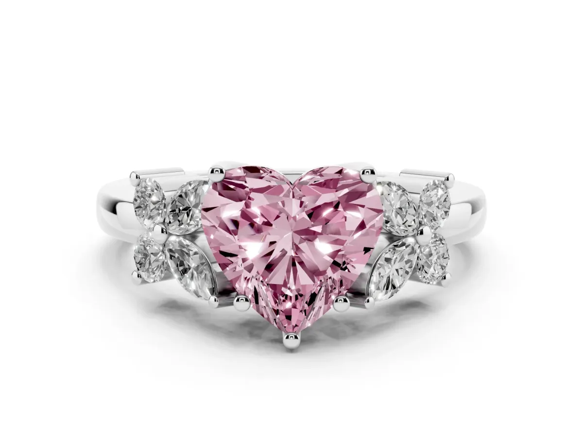 Fancy Pink Heart Cut Diamond Floral Cluster Ring with Solitaire Band and Prong Setting Platinum