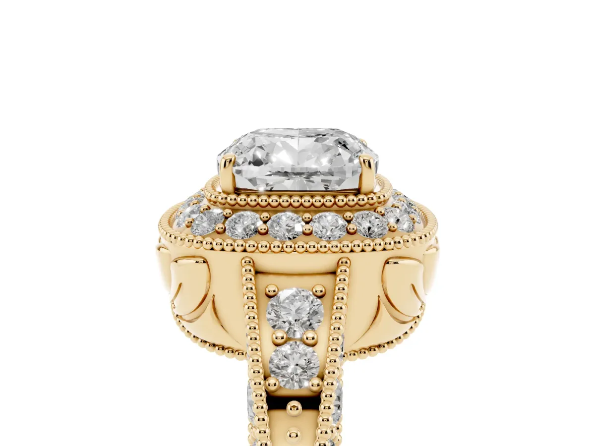 Cushion Cut Halo Diamond Split Shank Ring with Milgrain Detail Yellow gold