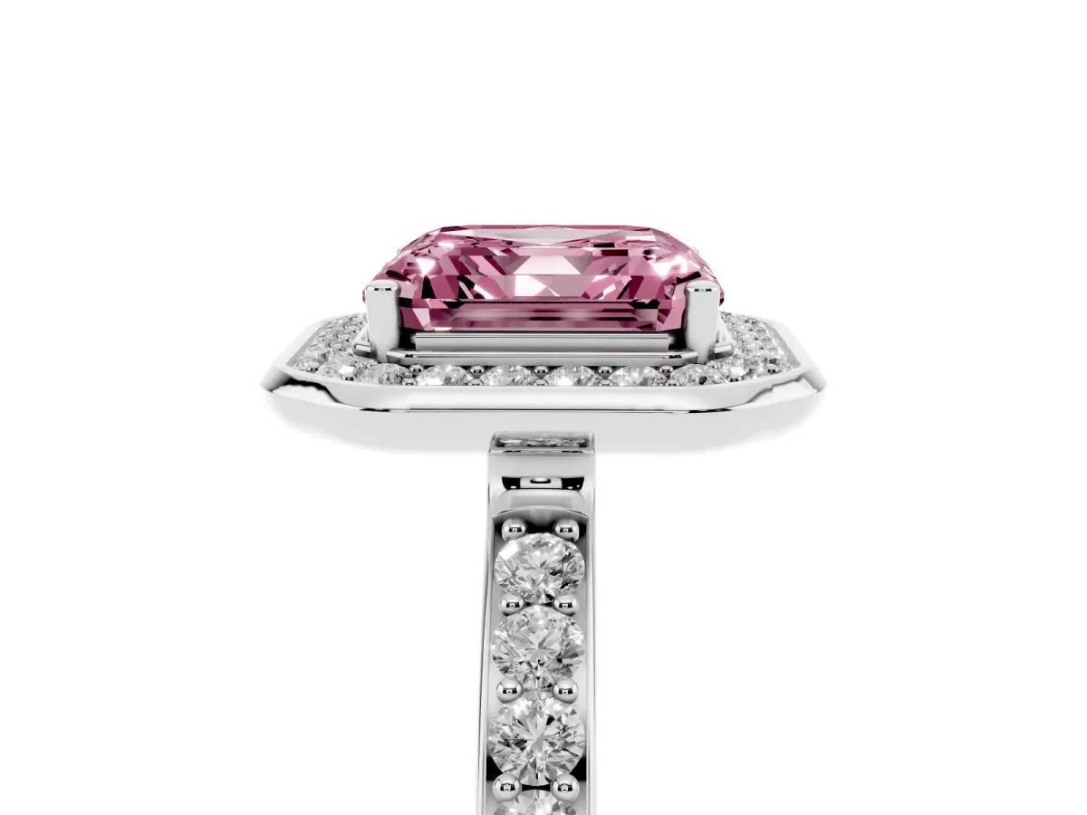 Fancy Pink Asscher Cut Diamond Halo Ring with Bezel Frame and Pavé Band Silver