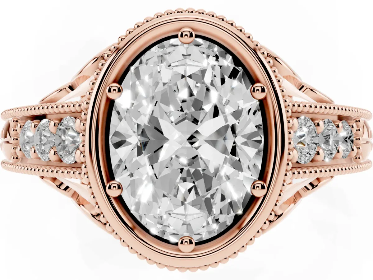 Bezel Set Oval Cut Diamond Milgrain Pave Engagement Ring Rose gold
