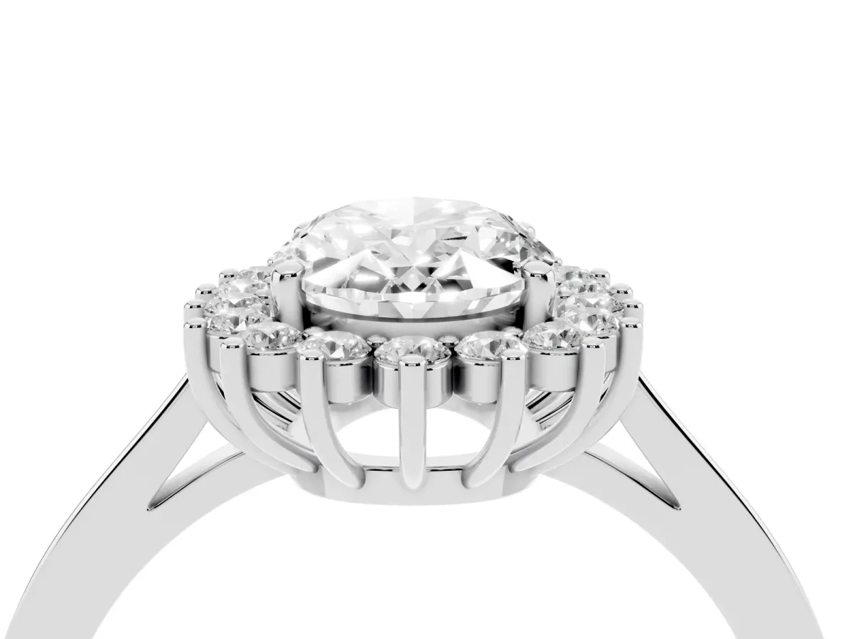 Oval Cut Cut Diamond Halo Ring with Round Brilliant Halo and Solitaire Band White gold