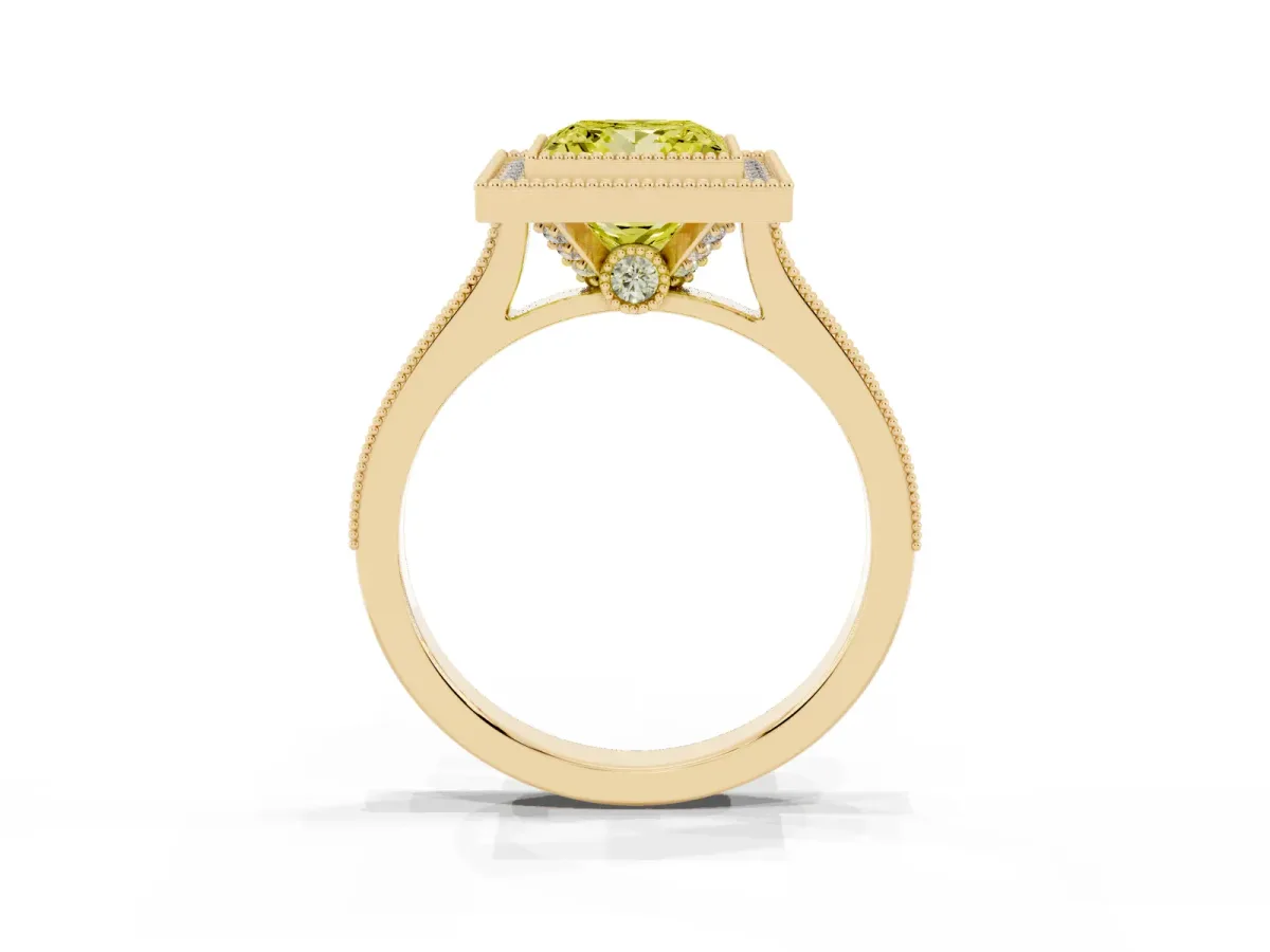 Fancy Yellow Halo Princess Cut-Cut Diamond Pave Band Milgrain Prong Setting Ring Yellow gold