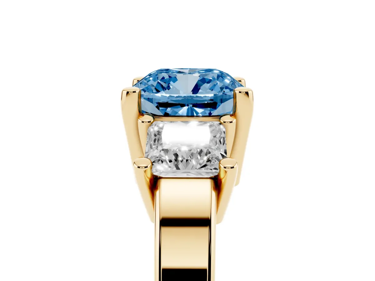 Fancy Blue Three-Stone Cushion Cut Cut Solitaire Ring with Prong Setting Yellow gold