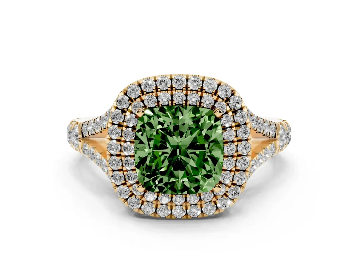 Fancy Green Cushion Cut Diamond Pavé Split Shank Double Halo Engagement Ring Yellow gold