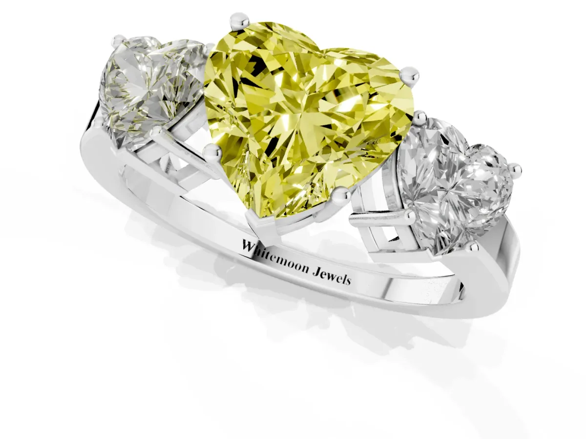 Fancy Yellow Three-Stone Heart Cut Cut Diamond Engagement Ring with Flat Band and Four-Prong Setting Silver