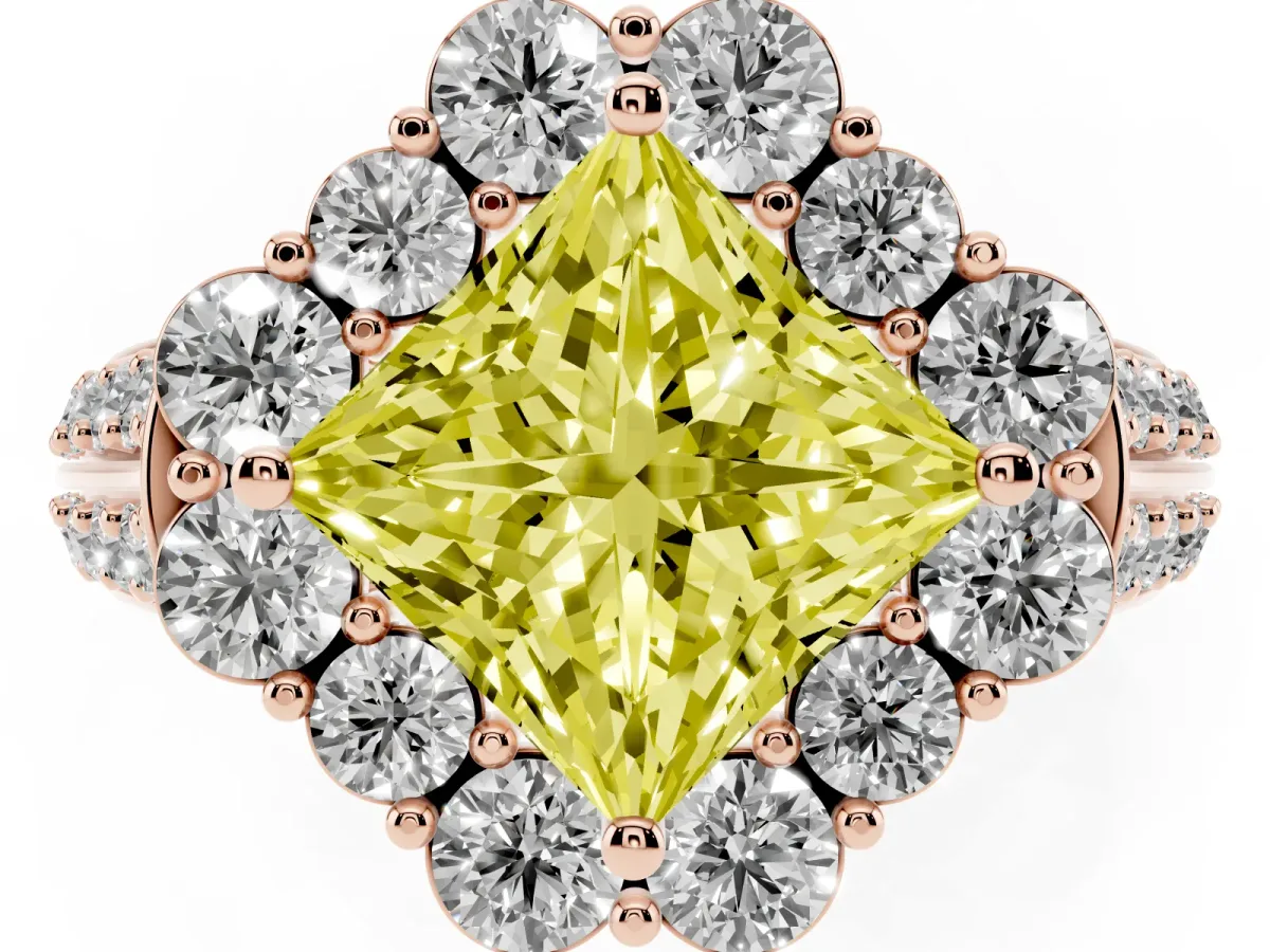 Fancy Yellow Princess Cut Halo Diamond Engagement Ring with Split Shank and Prong Setting Rose gold