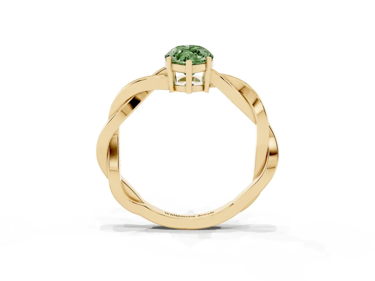 Fancy Green Marquise Cut Solitaire Twisted Pave Diamond Ring with Four-Prong Setting Yellow gold