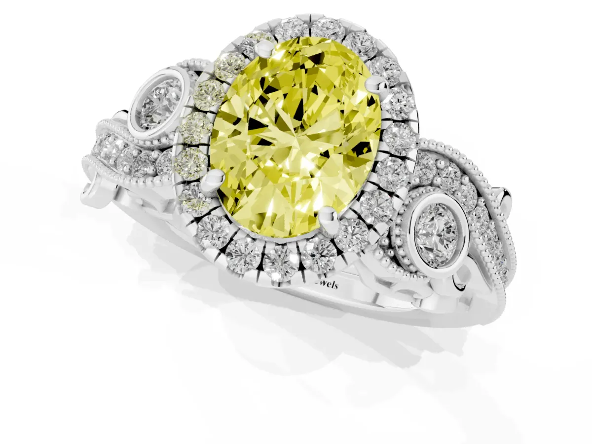 Fancy Yellow Oval Cut Diamond Halo Ring with Milgrain Pavé Band and Four-Prong Setting Silver