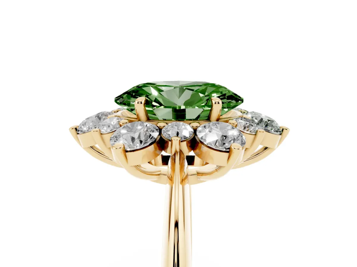 Fancy Green Oval Cut Diamond Cluster Halo Ring with Solitaire Band and Four-Prong Setting Yellow gold