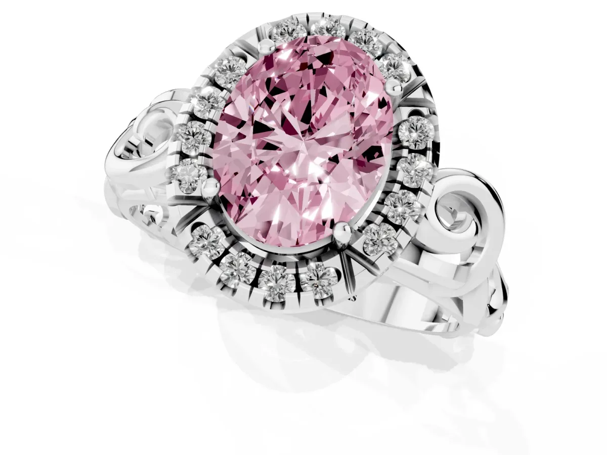 Fancy Pink Oval Cut Cut Halo Diamond Ring with Scrollwork Band and Four-Prong Setting Platinum