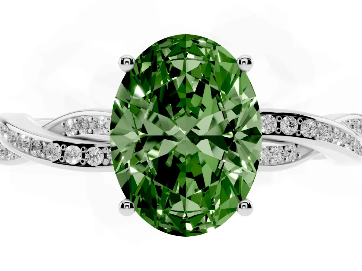 Fancy Green Oval Cut Solitaire Twisted Pave Diamond Ring with Four-Prong Setting Silver