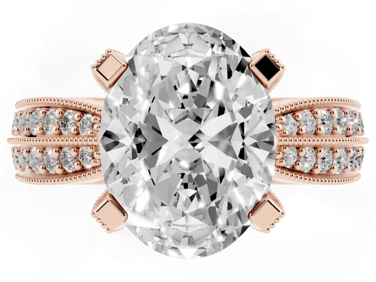 Oval Cut Diamond Solitaire Ring with Milgrain Round Pavé Band and Prong Setting Rose gold