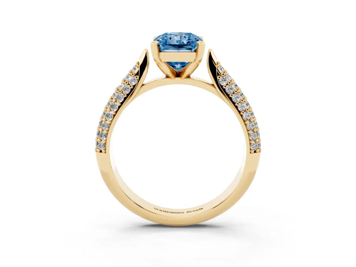 Fancy Blue Radiant Cut Diamond Solitaire Engagement Ring with Multi-Row Round Pavé Band and Prong Setting Yellow gold