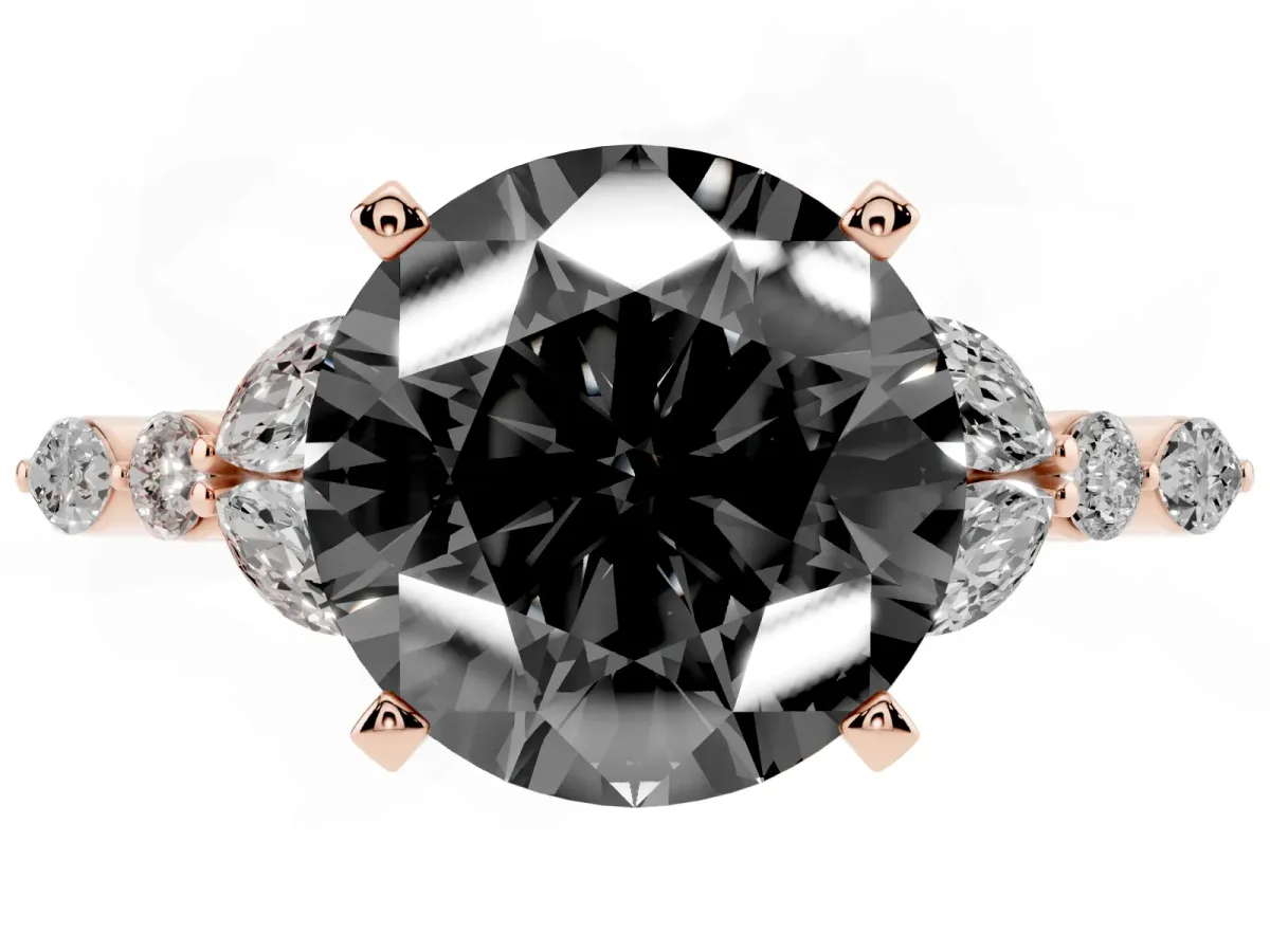 Fancy Black Round Cut Diamond Solitaire Ring with Side Stones and Four-Prong Setting Rose gold