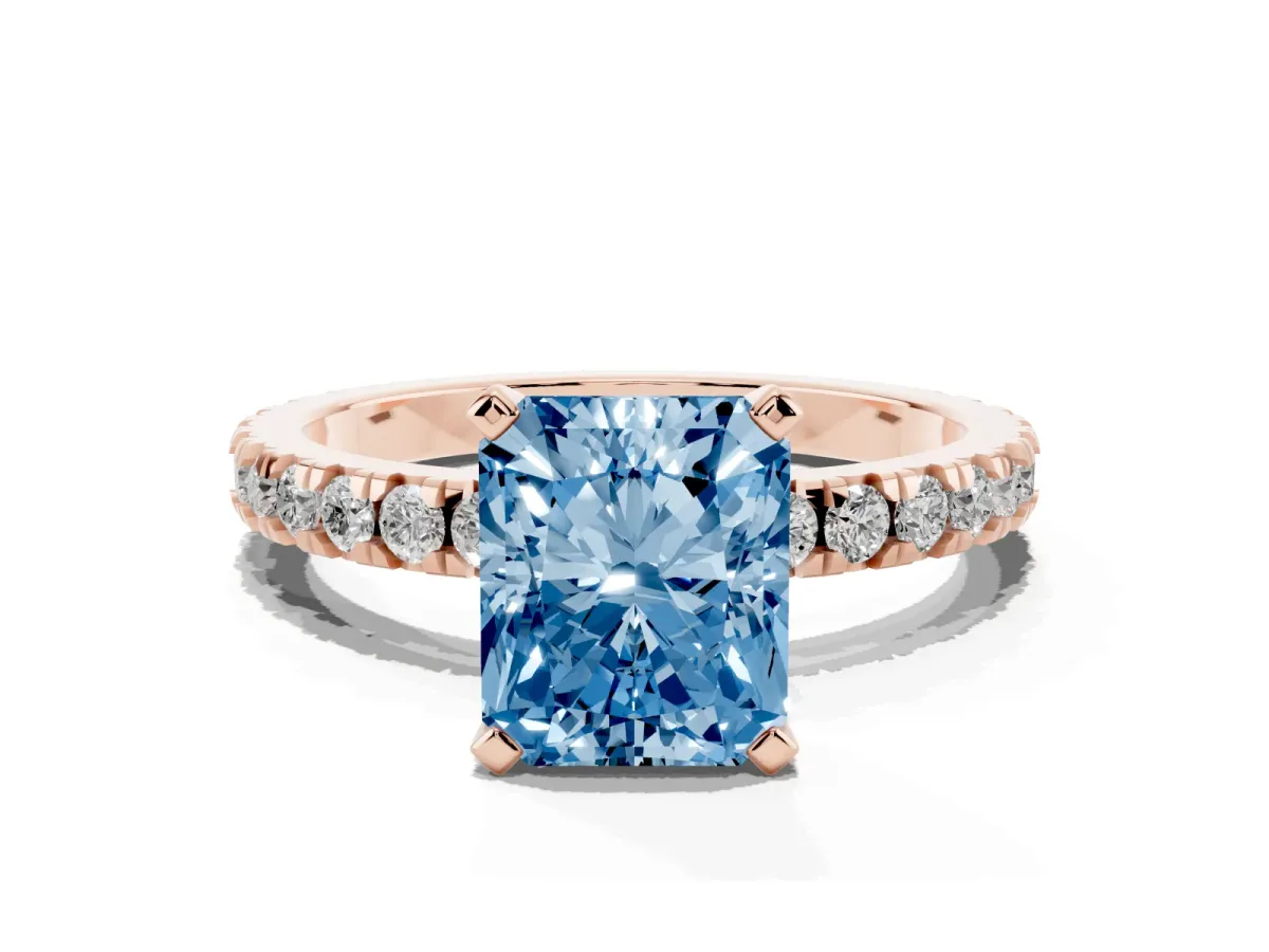 Fancy Blue Radiant Cut Diamond Pavé Band Solitaire with Four-Prong Setting Rose gold