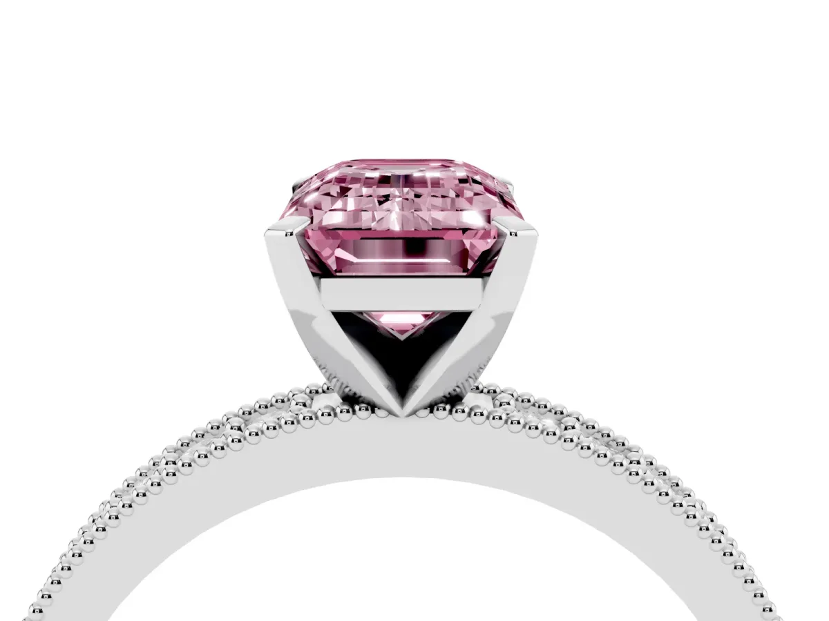 Fancy Pink Emerald Cut Diamond Milgrain Pavé Engagement Ring with Four-Prong Setting Silver