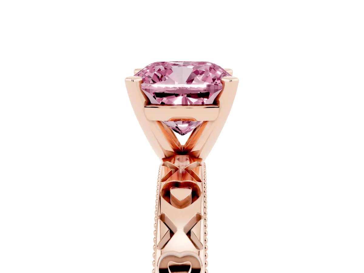 Fancy Pink Cushion Cut Solitaire Diamond Engagement Ring with XO Engraved Band and Four-Prong Setting Rose gold