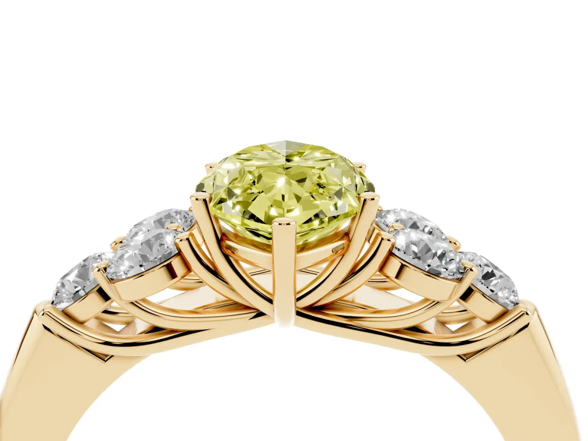 Fancy Yellow Marquise Cut Cut Diamond Cluster Ring with Round Accent Stones and Prong Setting on a Classic Band Yellow gold
