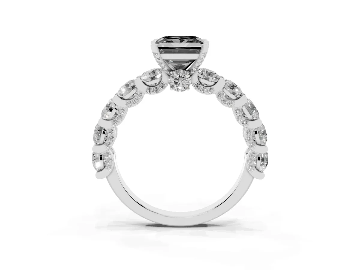 Fancy Black Princess Cut Diamond Side Stone Engagement Ring with Four-Prong Setting Platinum
