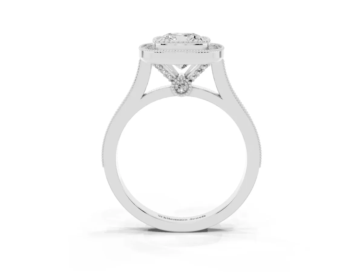 Cushion Cut Diamond Halo Ring with Milgrain Frame and Pavé Band Silver