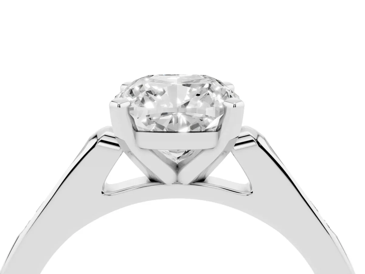 Cushion Cut Diamond Solitaire Ring with Channel Set Round Band and Prong Setting Silver