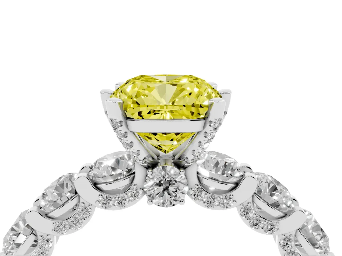 Fancy Yellow Cushion Cut Diamond Side Stone Engagement Ring with Four-Prong Setting White gold