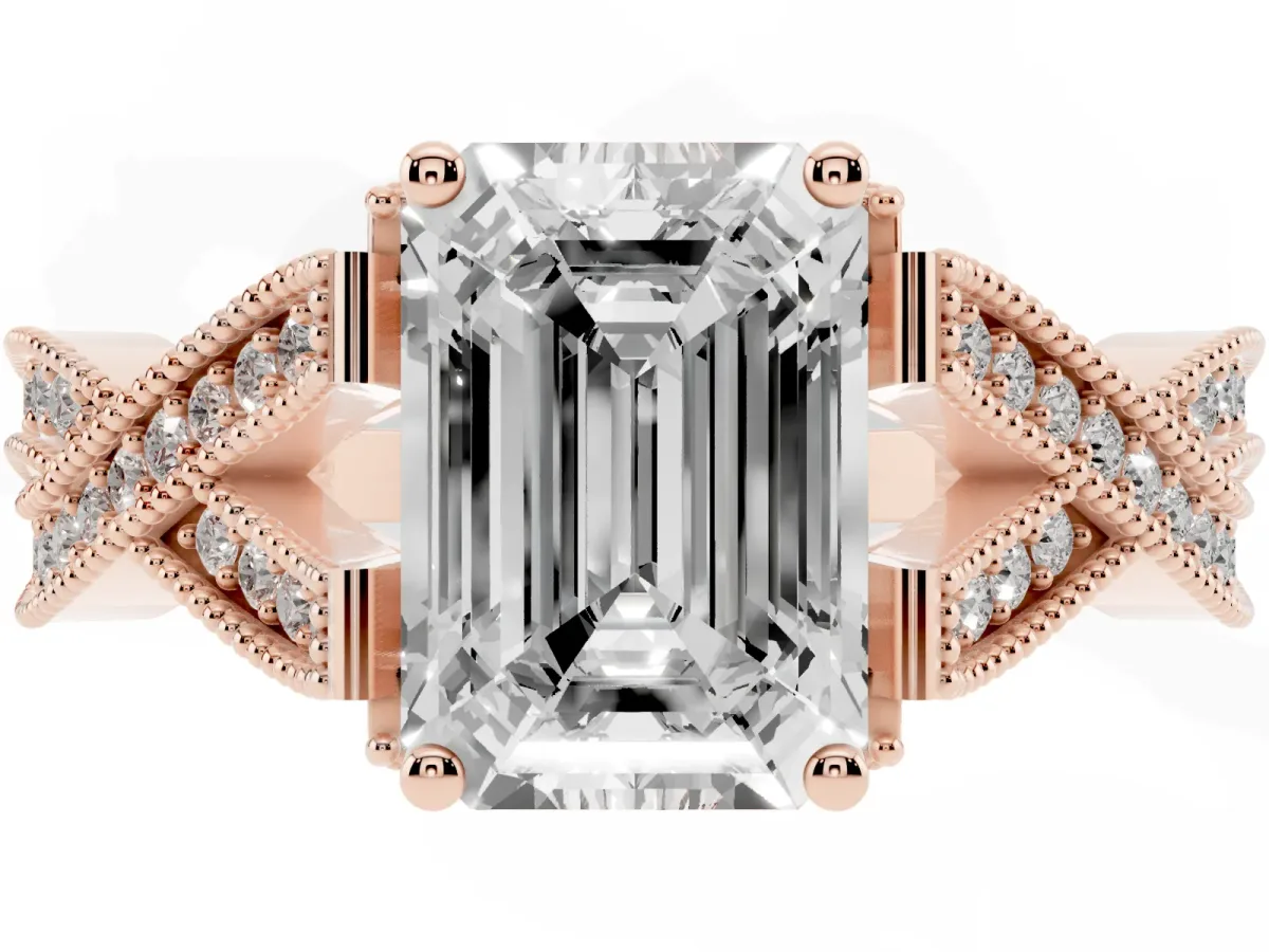 Emerald Cut Cut Diamond Twisted Band with Milgrain Pave Setting and Four-Prong Setting Rose gold