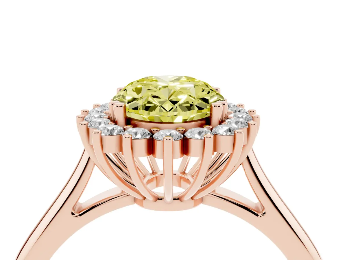 Fancy Yellow Oval Cut Cut Diamond Halo Ring with Solitaire Band and Prong Setting Rose gold