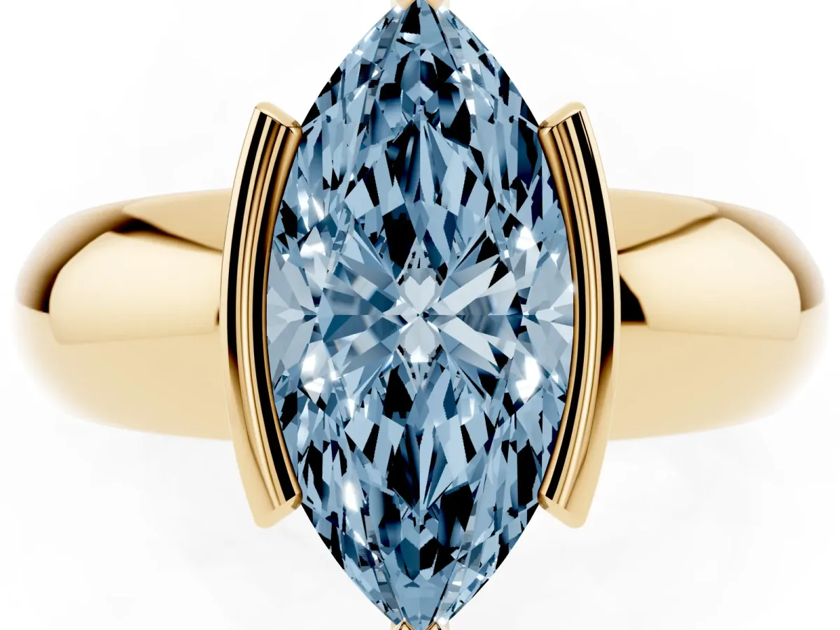 Fancy Blue Marquise Cut Solitaire Tension Set Diamond Ring with Wide Band Yellow gold