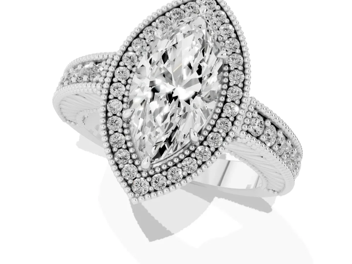 Marquise Cut Cut Halo Diamond Ring with Pavé Band and Four-Prong Setting Platinum