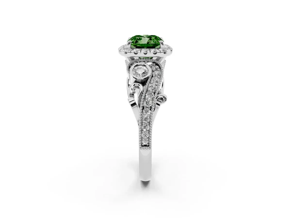 Fancy Green Cushion Cut Diamond Halo Ring with Milgrain Pavé Band and Four-Prong Setting Platinum