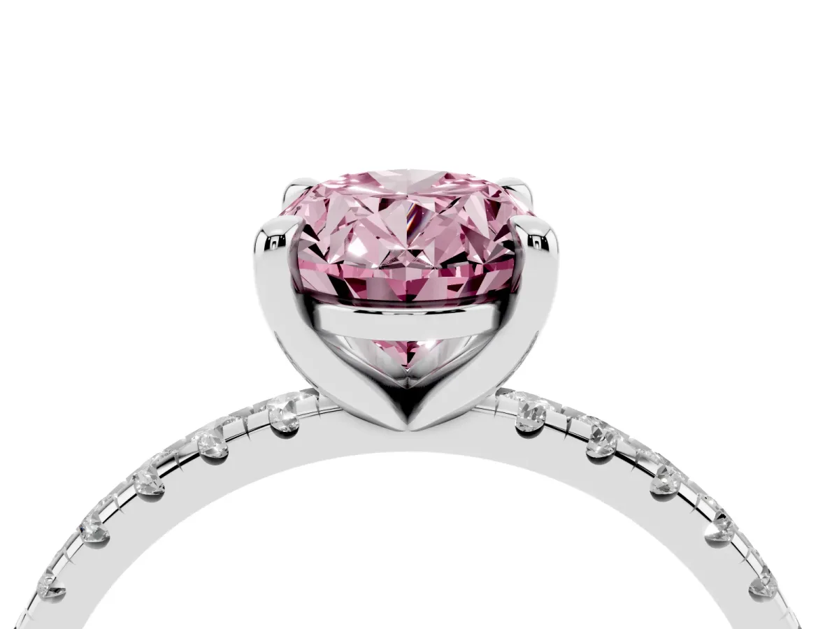 Fancy Pink Oval Cut Diamond Brilliant Solitaire Ring with Pavé Band and Four-Prong Setting Silver