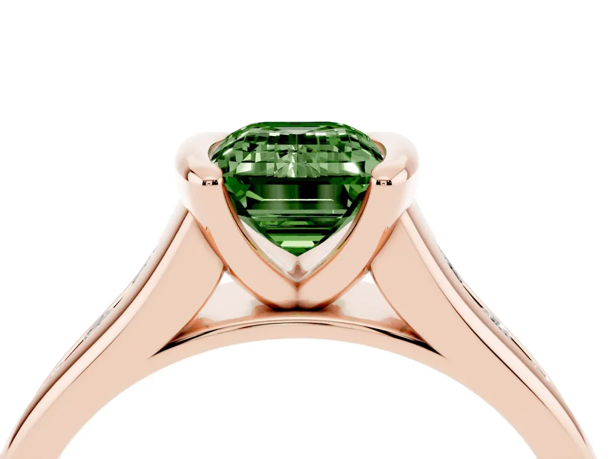 Fancy Green Emerald Cut Solitaire Bezel-Set Diamond Ring with Channel-Set Band Rose gold