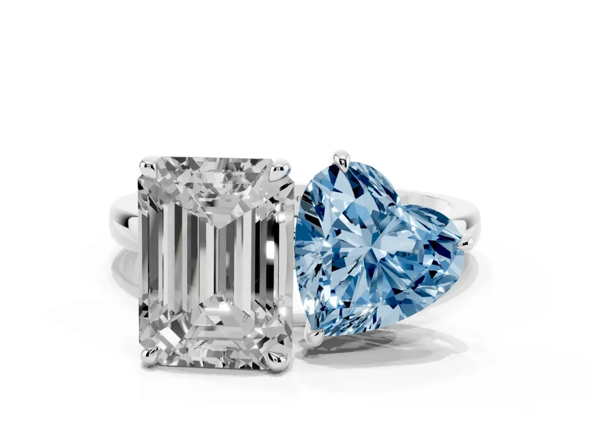 Fancy Blue Heart Cut and Emerald Cut Toi Moi Ring with Prong Setting Silver