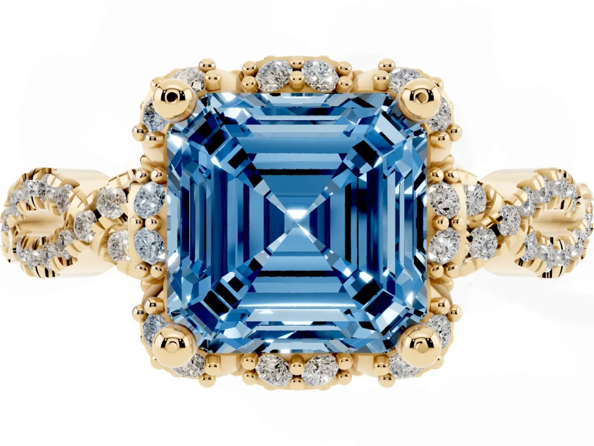 Fancy Blue Asscher Cut Halo Twist Band Solitaire Ring with Six-Prong Setting Yellow gold