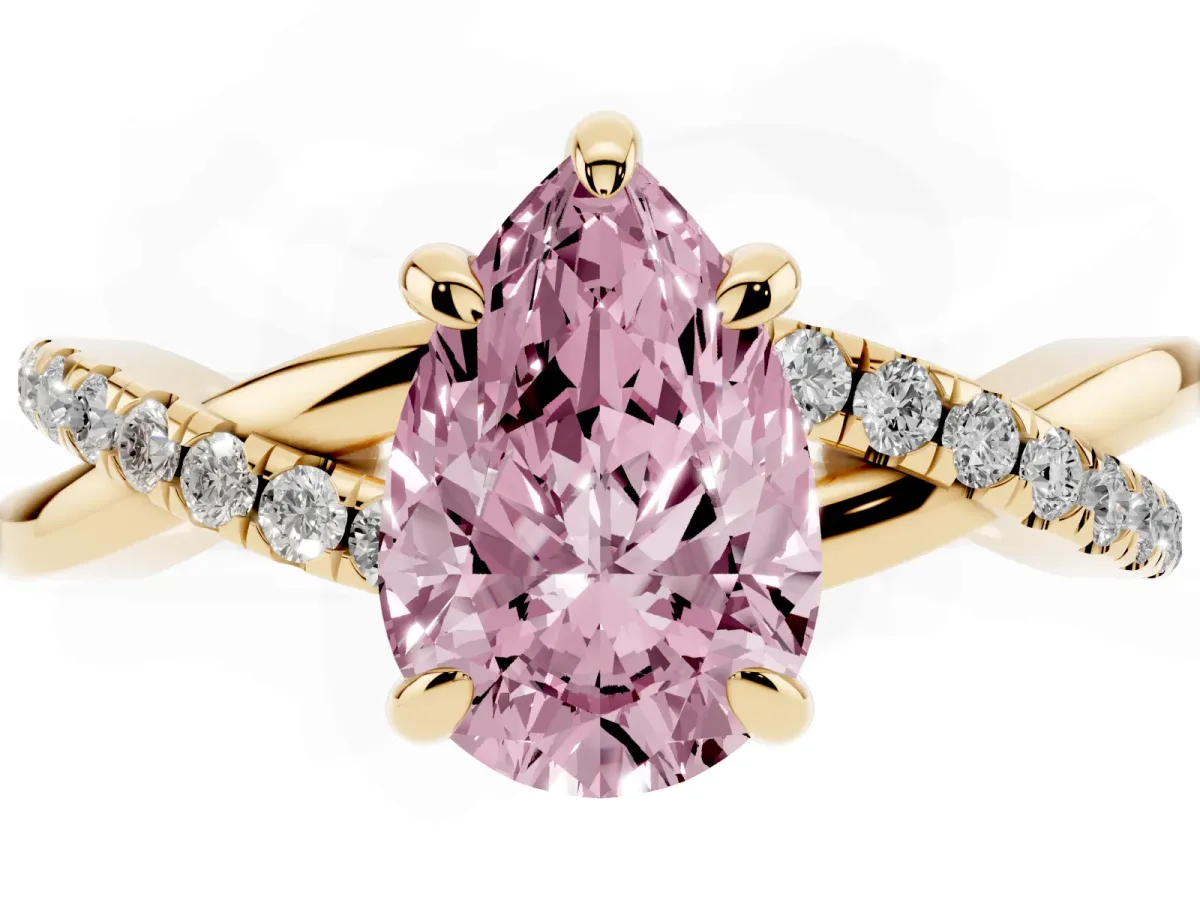 Fancy Pink Pear Cut Cut Diamond Twist Band Solitaire with Prong Setting Yellow gold