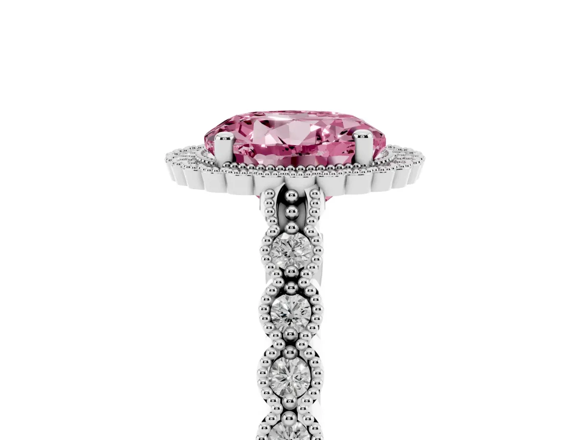 Fancy Pink Round Cut Cut Halo Pavé Solitaire Ring with Milgrain Band Platinum