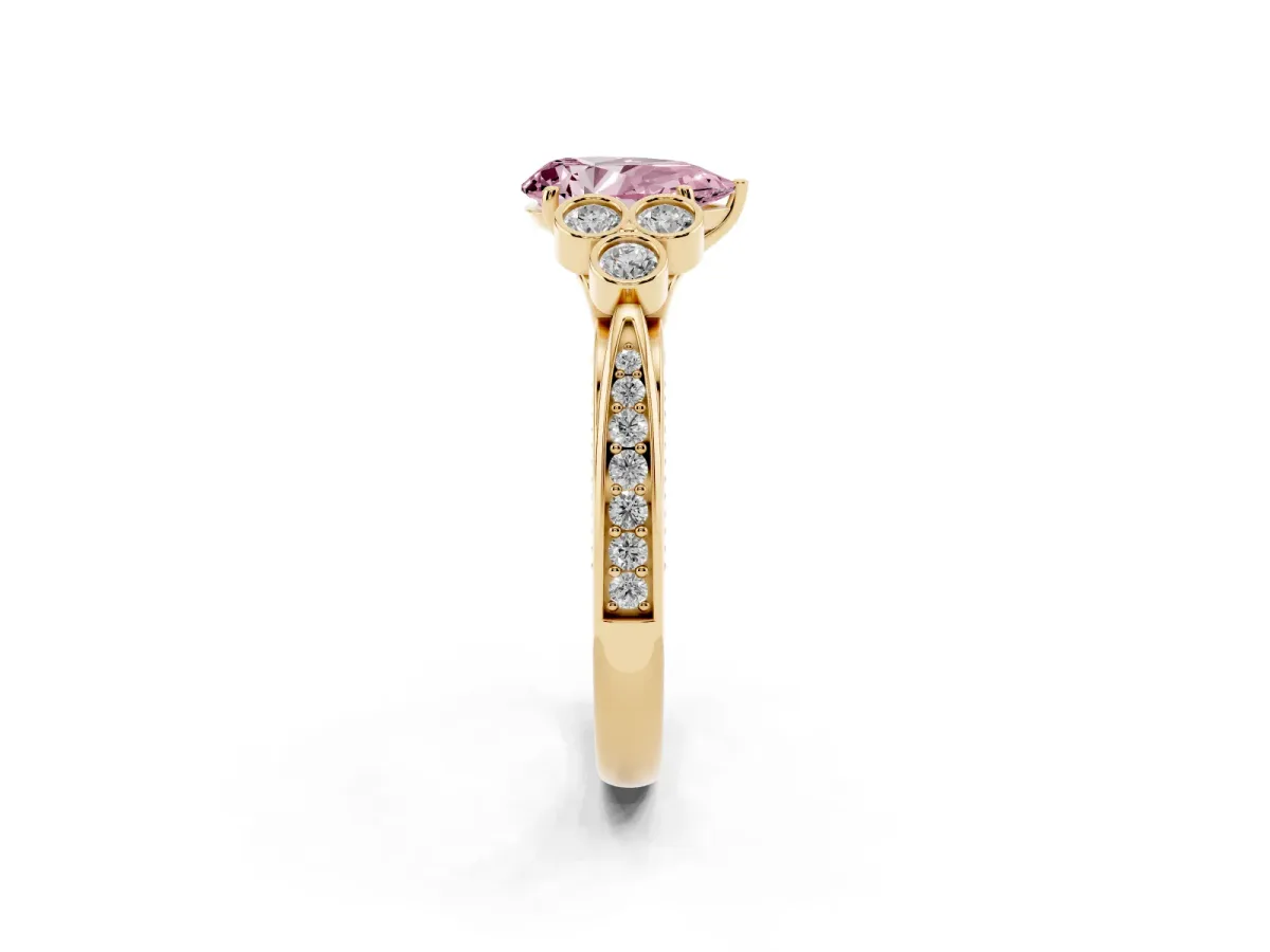 Fancy Pink Pear Cut Cut Diamond Engagement Ring with Bezel Set Round Side Stones and Prong Setting Yellow gold