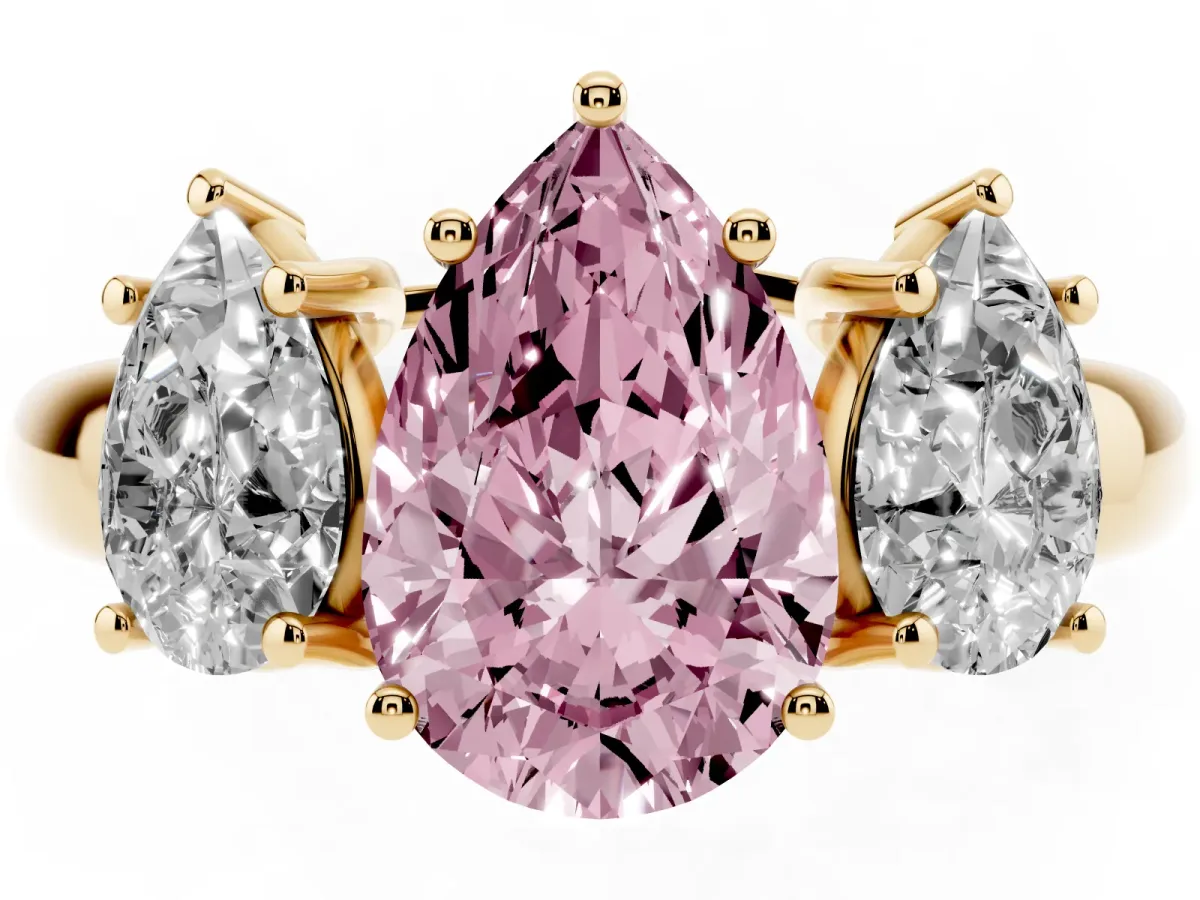 Fancy Pink Three-Stone Pear Cut Diamond Engagement Ring with Prong Setting Yellow gold
