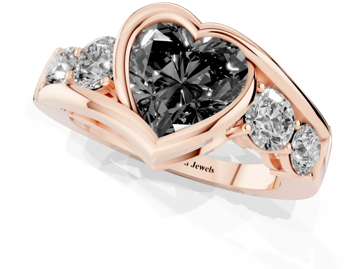 Fancy Black Bezel Set Heart Cut Diamond Bypass Ring with Round Accents Rose gold