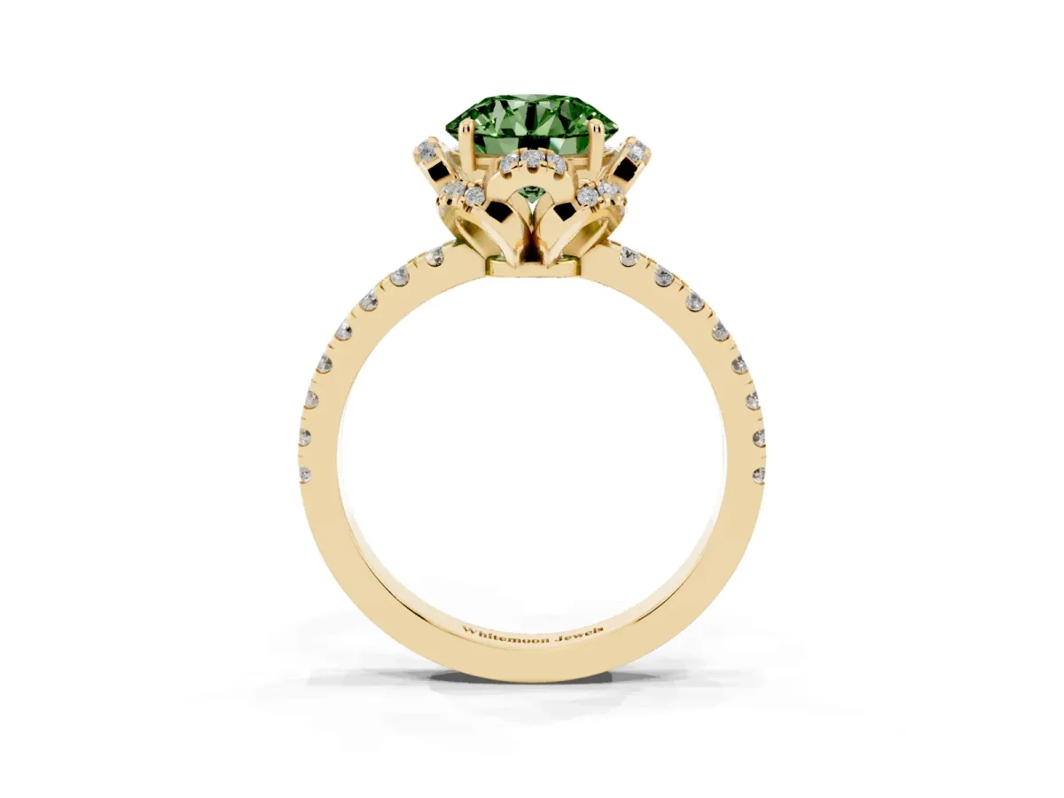 Fancy Green Round Cut Halo Diamond Pave Band Ring with Four-Prong Setting Yellow gold