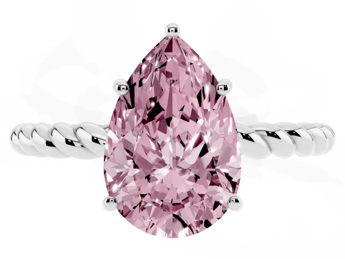 Fancy Pink Pear Cut Solitaire Twist Band Ring with Four-Prong Setting Silver