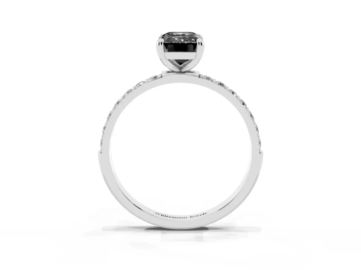 Fancy Black Emerald Cut Diamond Solitaire Ring with Round Pavé Band and Prong Setting Silver