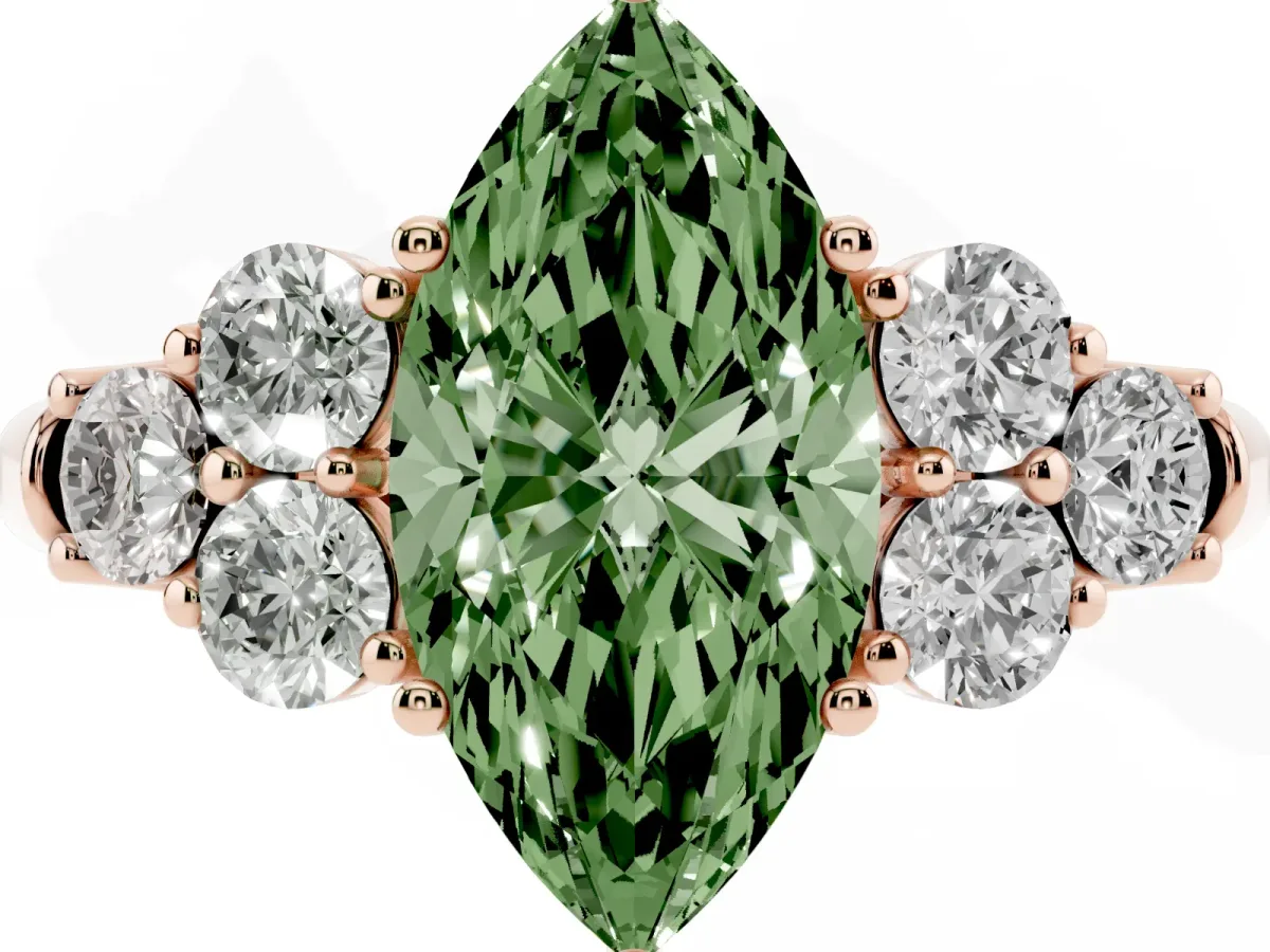 Fancy Green Marquise Cut Cut Diamond Cluster Ring with Round Accent Stones and Prong Setting on a Classic Band Rose gold