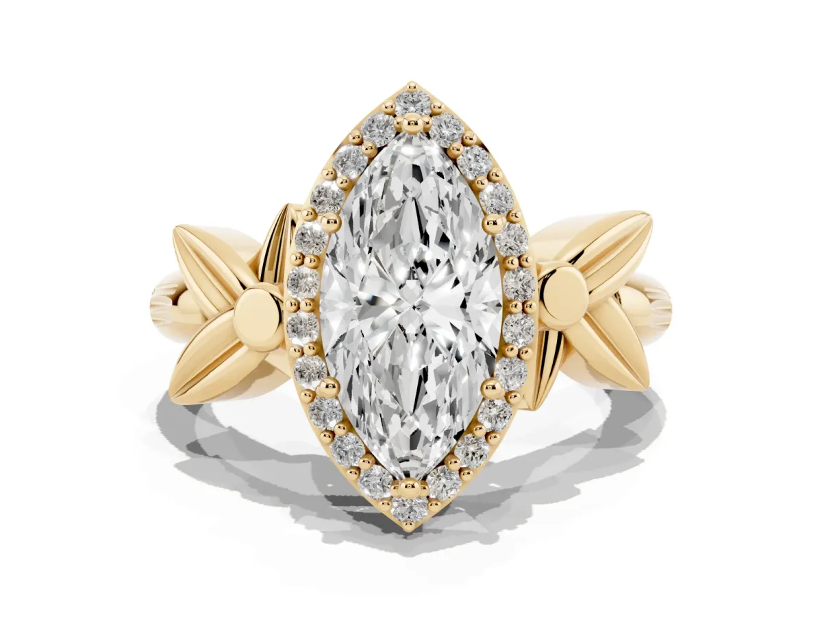 Marquise Cut Halo Diamond Floral Band with Four-Prong Setting Yellow gold