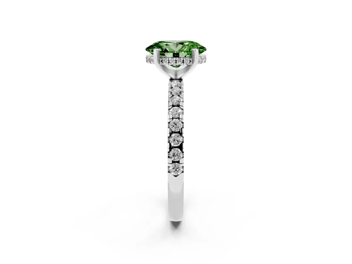 Fancy Green Oval Cut Diamond Solitaire Ring with Round Pavé Band and Four-Prong Setting Silver