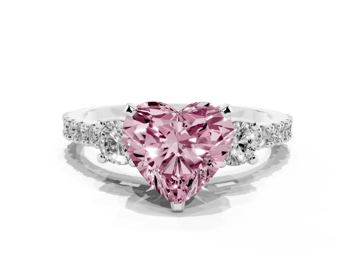 Fancy Pink Heart Cut Three-Stone Diamond Pavé Band with Prong Setting Platinum